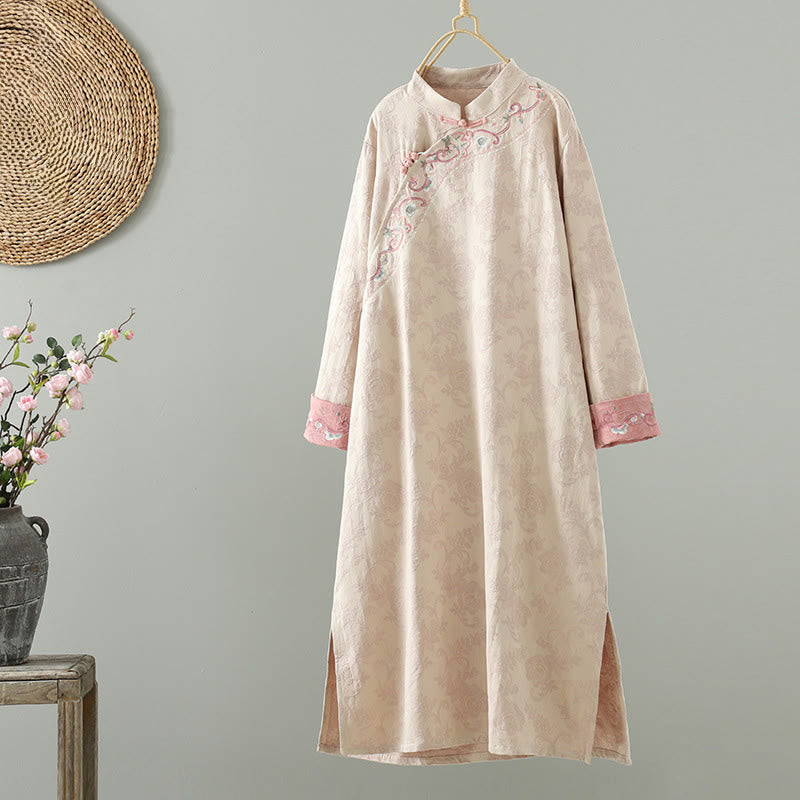 Stand Collar Frog-Button Flower Pattern Embroidery Design Long Sleeve Cotton Midi Dress
