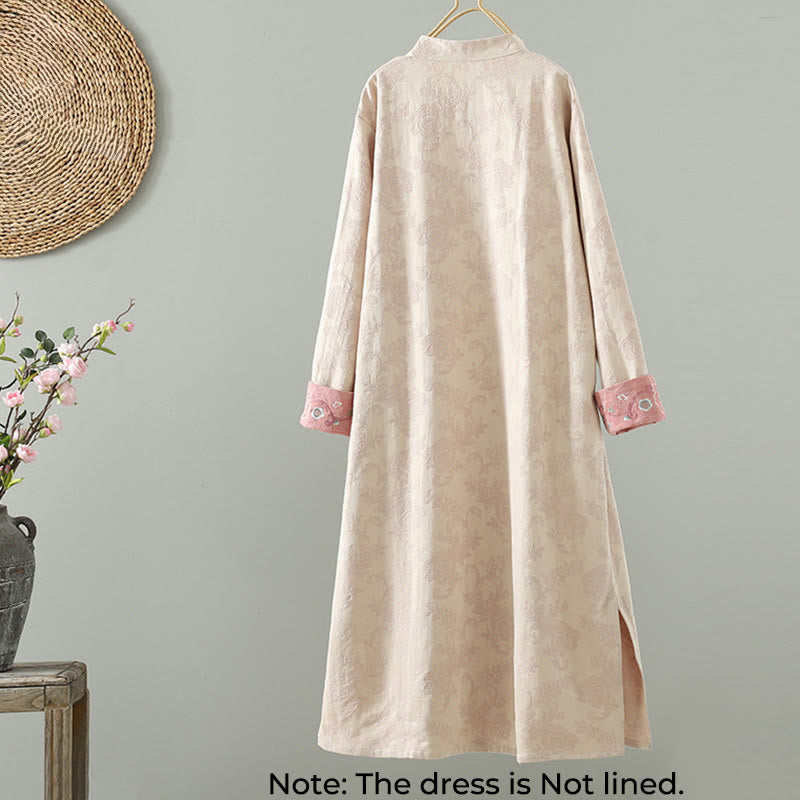 Stand Collar Frog-Button Flower Pattern Embroidery Design Long Sleeve Cotton Midi Dress
