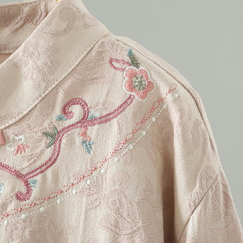Stand Collar Frog-Button Flower Pattern Embroidery Design Long Sleeve Cotton Midi Dress