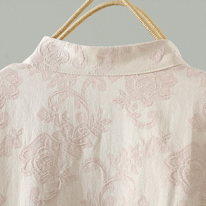 Stand Collar Frog-Button Flower Pattern Embroidery Design Long Sleeve Cotton Midi Dress