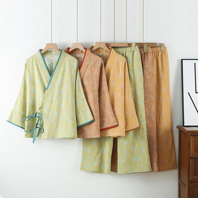 2pcs Colorful Floral Leaf Long Sleeve V-Neck Shirt Pants Cotton Pajamas Set With Pockets