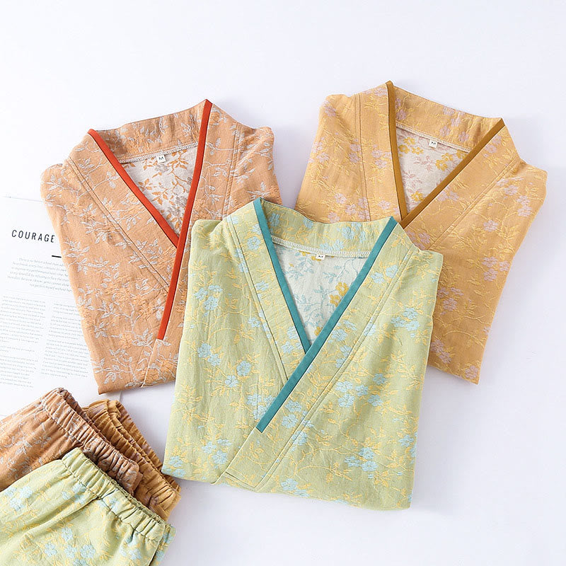 2pcs Colorful Floral Leaf Long Sleeve V-Neck Shirt Pants Cotton Pajamas Set With Pockets