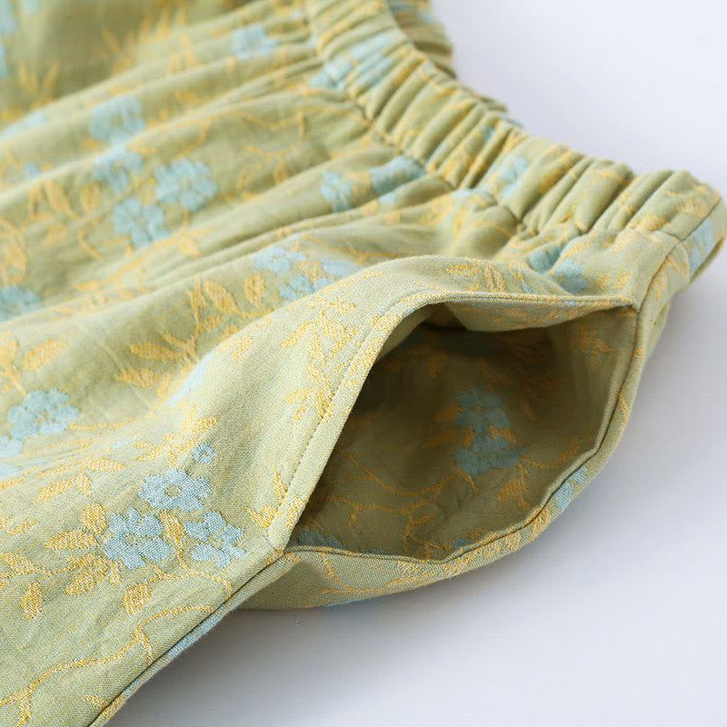 2pcs Colorful Floral Leaf Long Sleeve V-Neck Shirt Pants Cotton Pajamas Set With Pockets