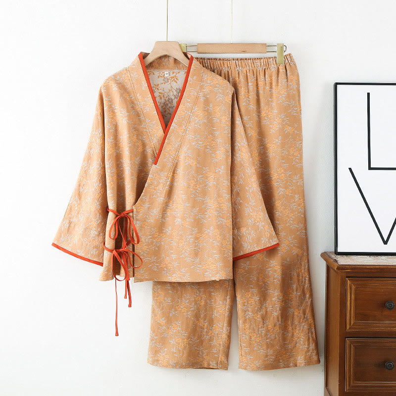 2pcs Colorful Floral Leaf Long Sleeve V-Neck Shirt Pants Cotton Pajamas Set With Pockets