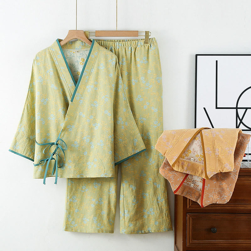 2pcs Colorful Floral Leaf Long Sleeve V-Neck Shirt Pants Cotton Pajamas Set With Pockets