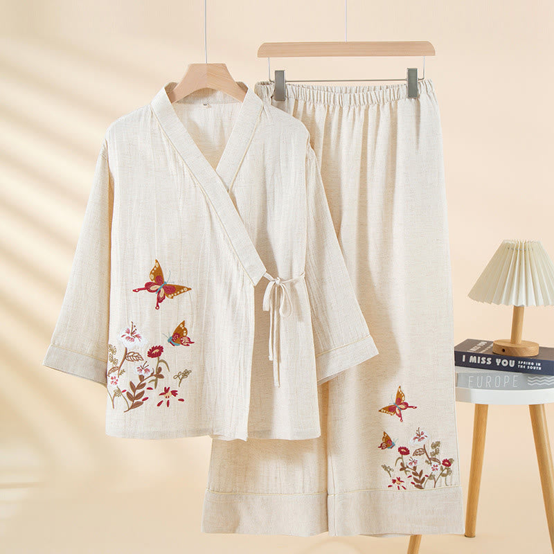 2pcs Colorful Floral Butterfly Long Sleeve V-Neck Shirt Pants Cotton Pajamas Set With Pockets