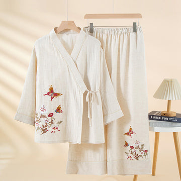 2pcs Colorful Floral Butterfly Long Sleeve V-Neck Shirt Pants Cotton Pajamas Set With Pockets