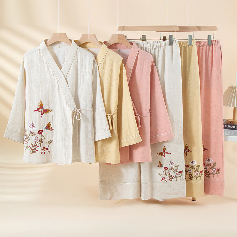 2pcs Colorful Floral Butterfly Long Sleeve V-Neck Shirt Pants Cotton Pajamas Set With Pockets
