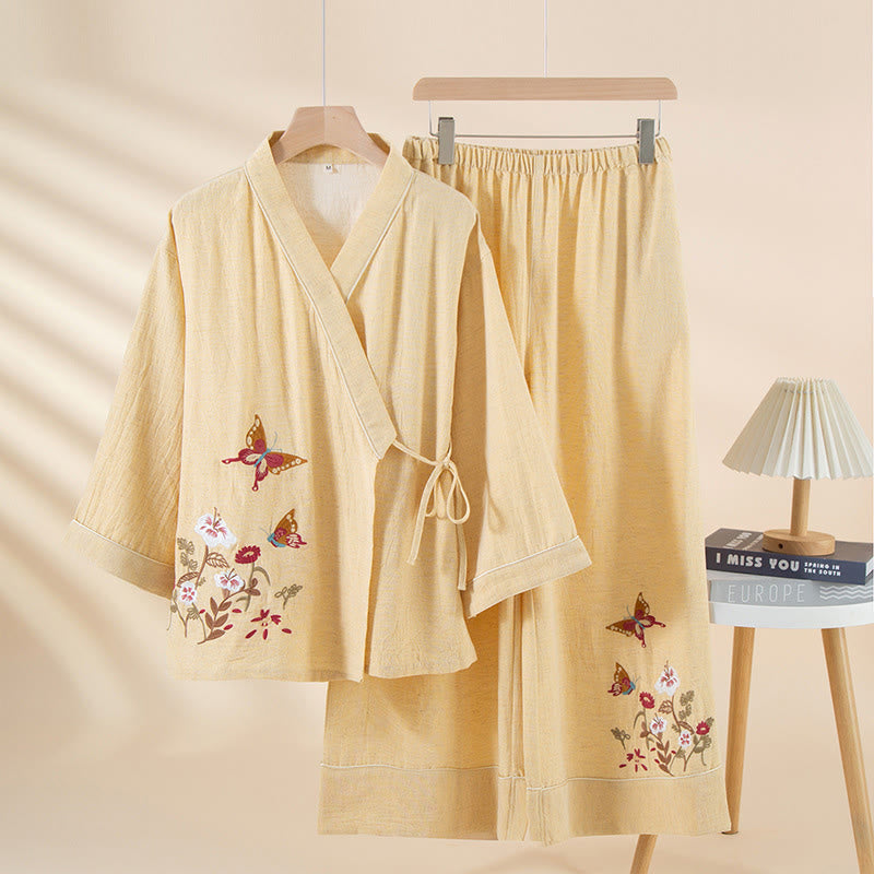 2pcs Colorful Floral Butterfly Long Sleeve V-Neck Shirt Pants Cotton Pajamas Set With Pockets