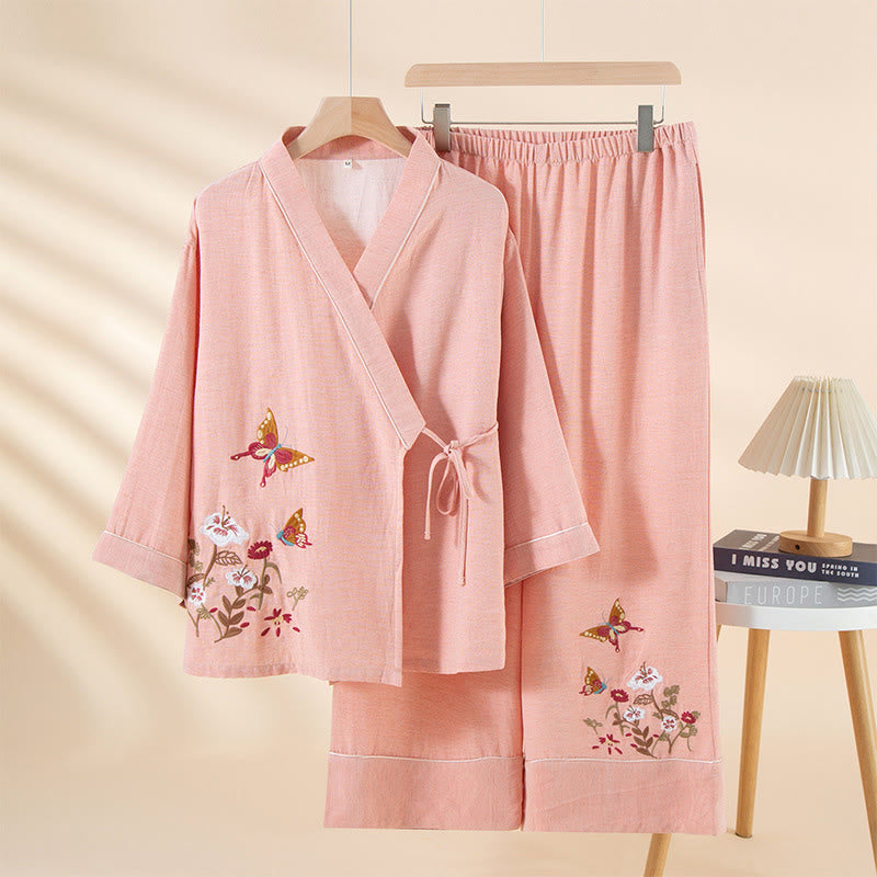 2pcs Colorful Floral Butterfly Long Sleeve V-Neck Shirt Pants Cotton Pajamas Set With Pockets