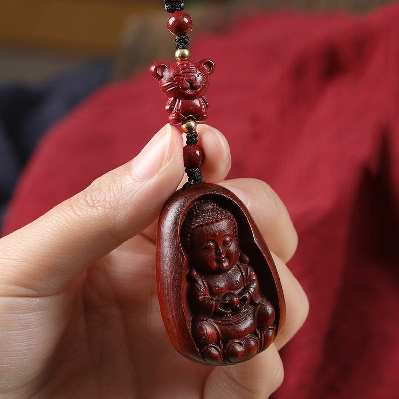 Small Leaf Red Sandalwood & Cinnabar Buddha Chinese Zodiac Carved Keychain