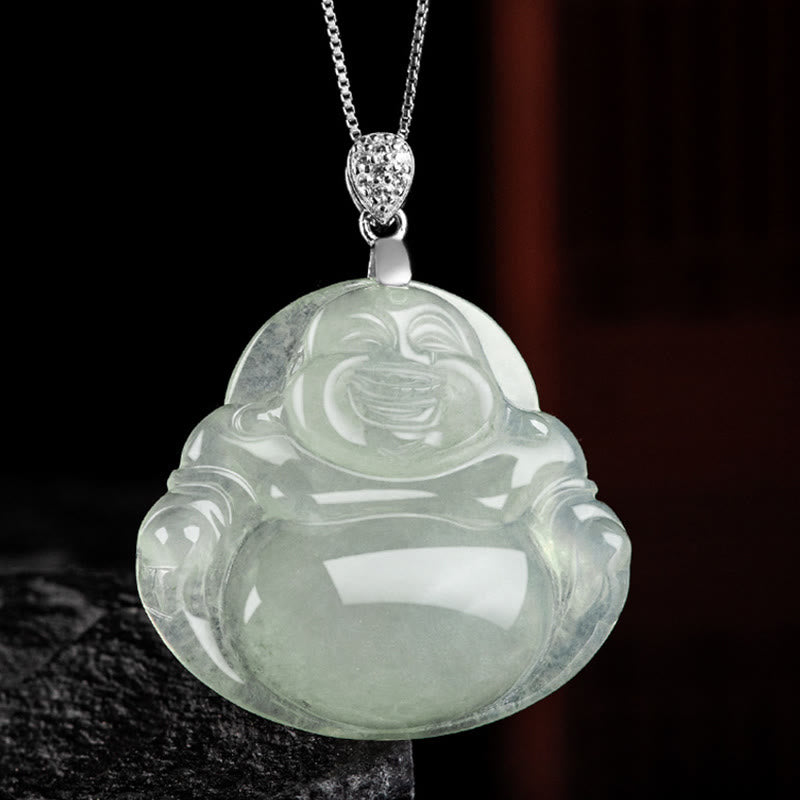 925 Sterling Silver Natural Jade Laughing Buddha Prosperity Abundance Chain Necklace Pendant