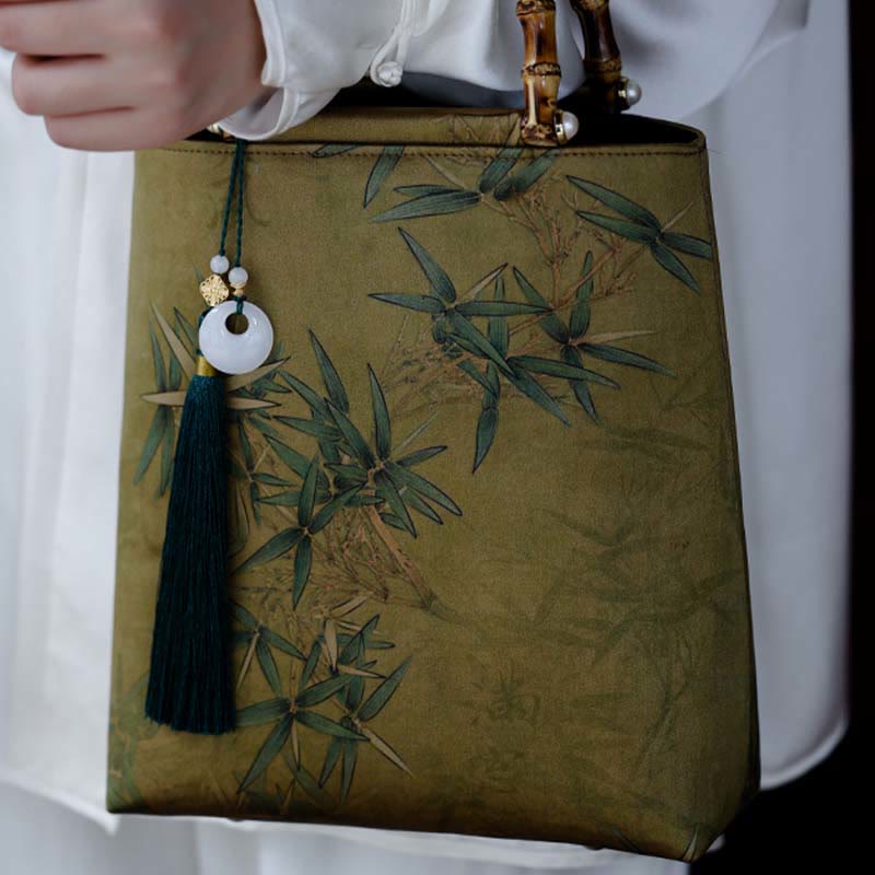Yellow Green Bamboo Leaves Bamboo Handles Handbag