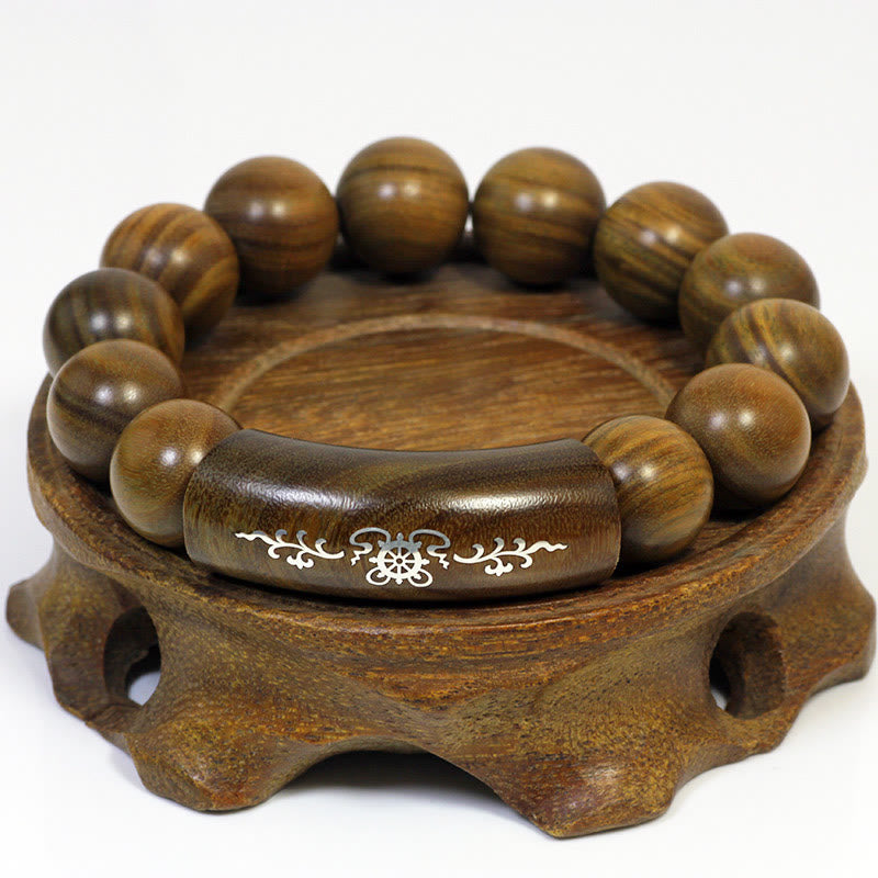 999 Sterling Silver Green Sandalwood Om Mani Padme Hum Dragon Phoenix Dharmachakra Inlaid Peace Bracelet