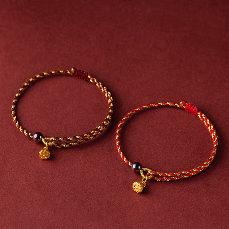 Handcrafted Red Gold Rope Lotus Peace And Joy Charm Braid Bracelet