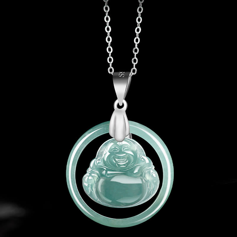 925 Sterling Silver Natural Jade Round Laughing Buddha Abundance Chain Necklace Pendant