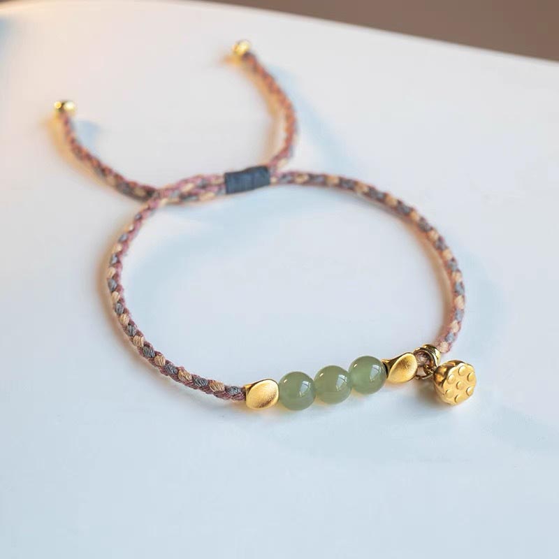 Handcrafted Hetian Jade Lotus Charm Luck Braided Bracelet