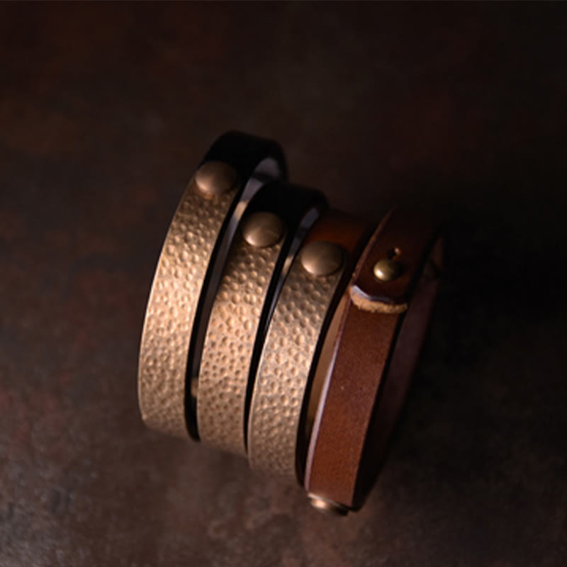 Vintage Handmade Texture Copper Brass Leather Wealth Bracelet Bangle
