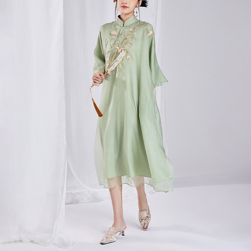 100% Mulberry Silk 6 Momme Dress Vintage Flower Butterfly Embroidery Qipao Dress Women's Cheongsam Dress