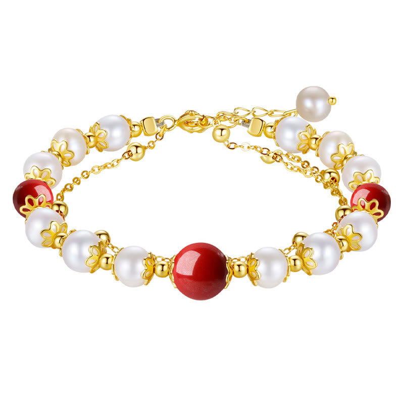 925 Sterling Silver Pearl Cinnabar Wisdom Bead Double Layer Chain Bracelet