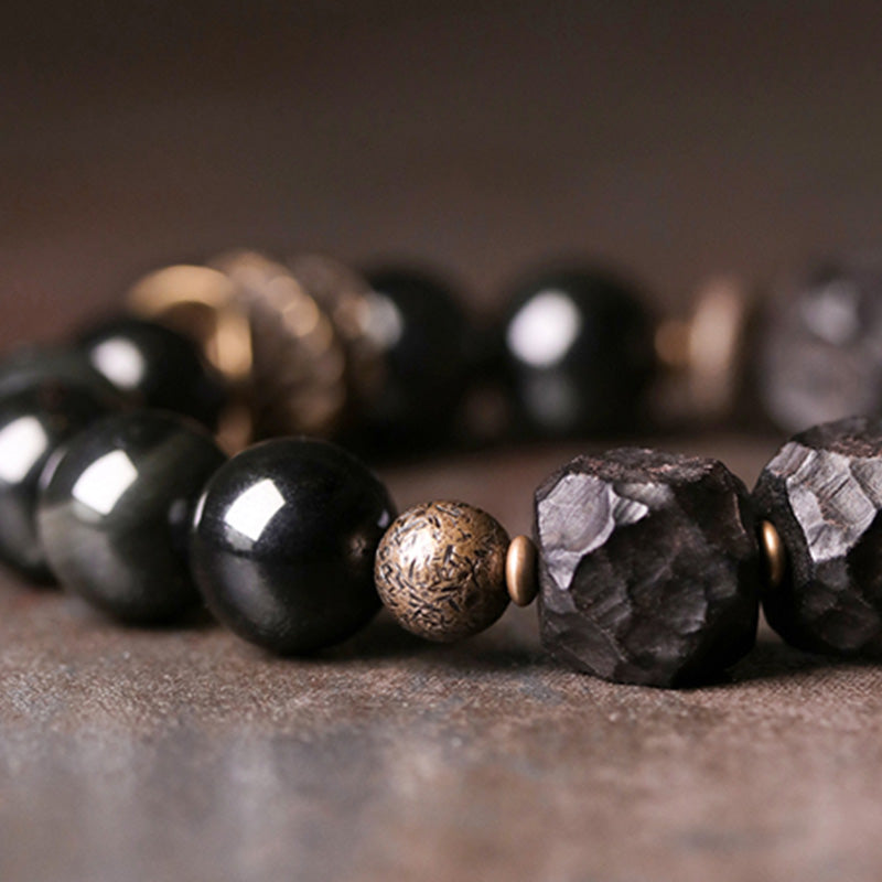 Handcrafted Black Obsidian Ebony Wood & Copper Strength Couple Bracelet