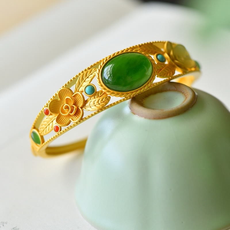 Cyan Jade White Jade Flower Leaf Harmony Luck Bracelet Bangle
