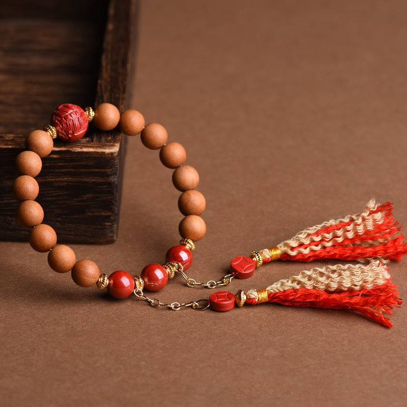 Tibetan Natural Peach Wood and Cinnabar Pixiu Tassel Bracelet