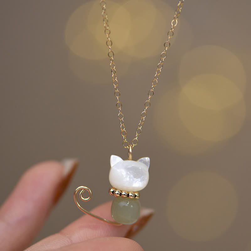 14K Gold Plated Pearl Hetian Jade Shell Luck Cat Kitten Necklace Pendant