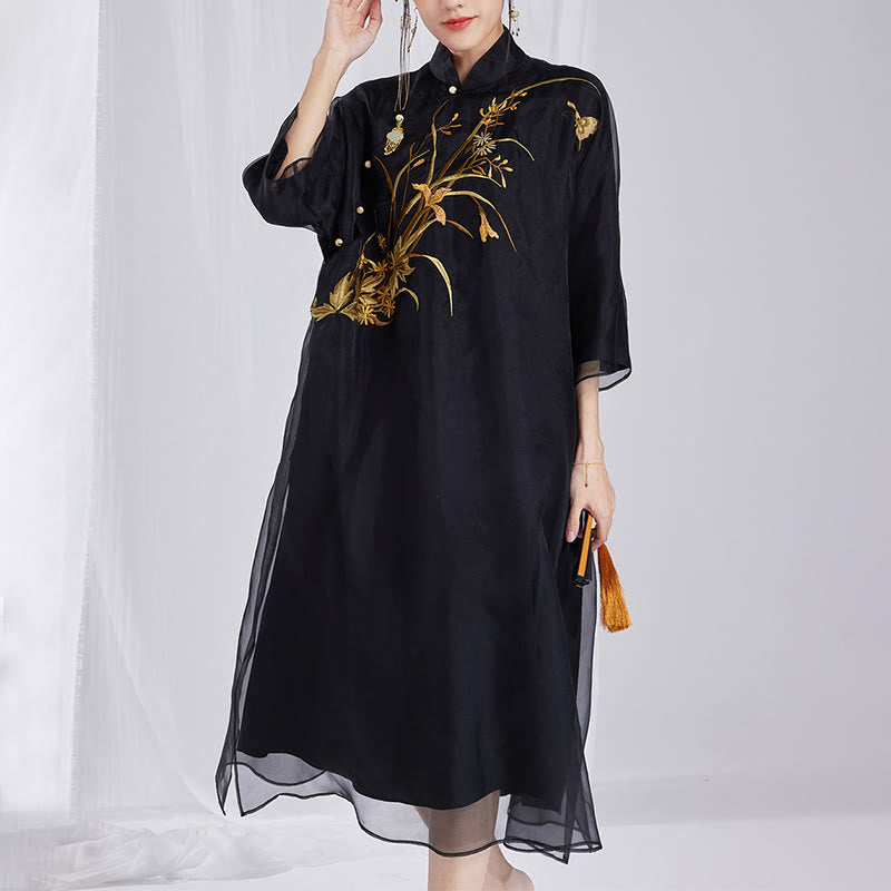 100% Mulberry Silk 6 Momme Dress Vintage Flower Butterfly Embroidery Qipao Dress Women's Cheongsam Dress