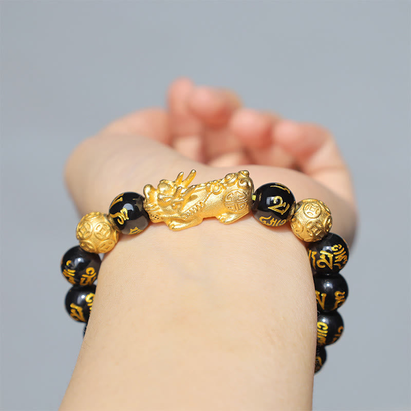 Om Mani Padme Hum Inscribed Black Obsidian & Agate Pixiu Beaded Bracelet