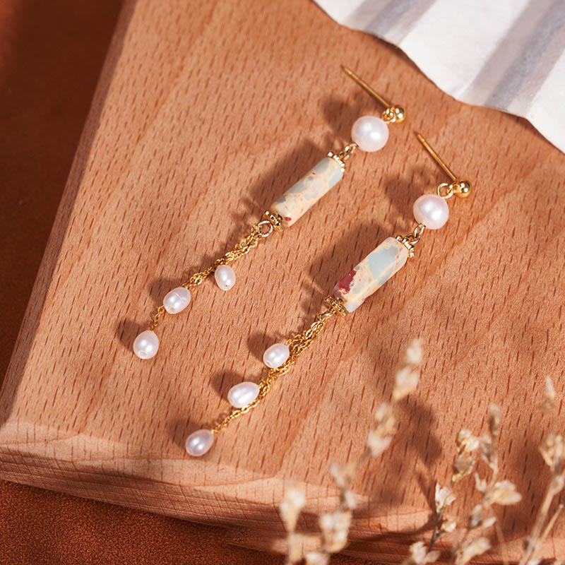 925 Sterling Silver Posts Shoushan Stone Pearl Healing Drop Earrings