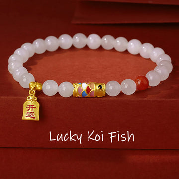 925 Sterling Silver Koi Fish Red Agate & Hetian White Jade Beaded Bracelet