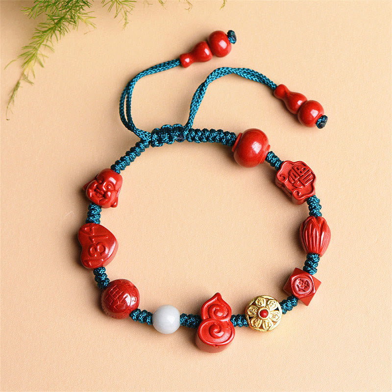 Hand-Carved Cinnabar Om Mani Padme Hum Laughing Buddha Wu Lou Fu Corded Bracelet