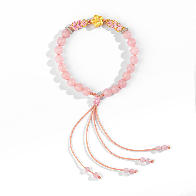 999 Sterling Silver Natural Red Agate Pink Crystal Cherry blossom Bracelet