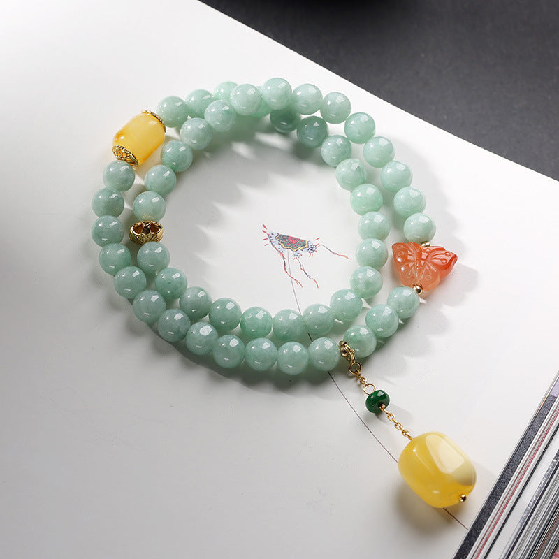Sterling Silver & Gold Butterfly Bracelet with Natural Jade, Amber and Red Agate