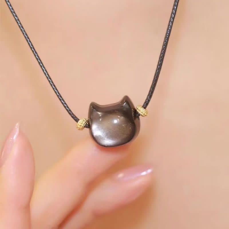 Handmade Gold & Silver Sheen Obsidian Feline Charm Beaded Bracelet