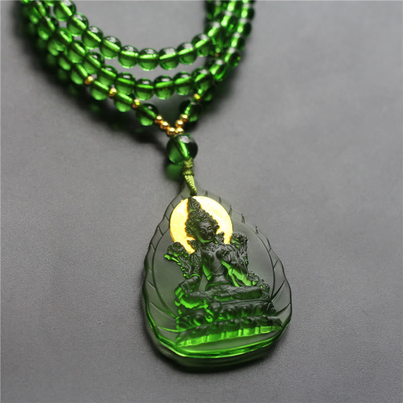 Tibetan Gold Plated Liuli Crystal Green Tara Buddha Pendant Necklace