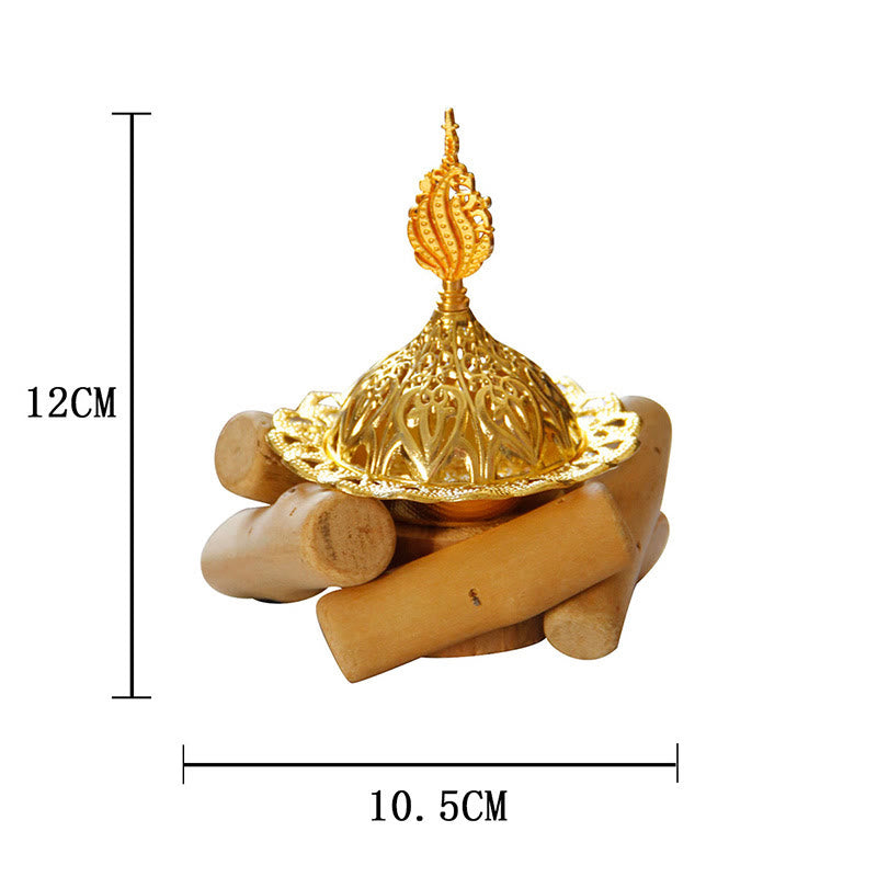 Mini Gold Alloy Buddha Incense Burner with Protective Wooden Coaster