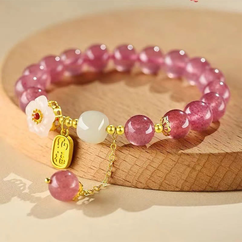 Pink Rose Quartz & Hetian Jade Fu Symbol Crystal Bracelet