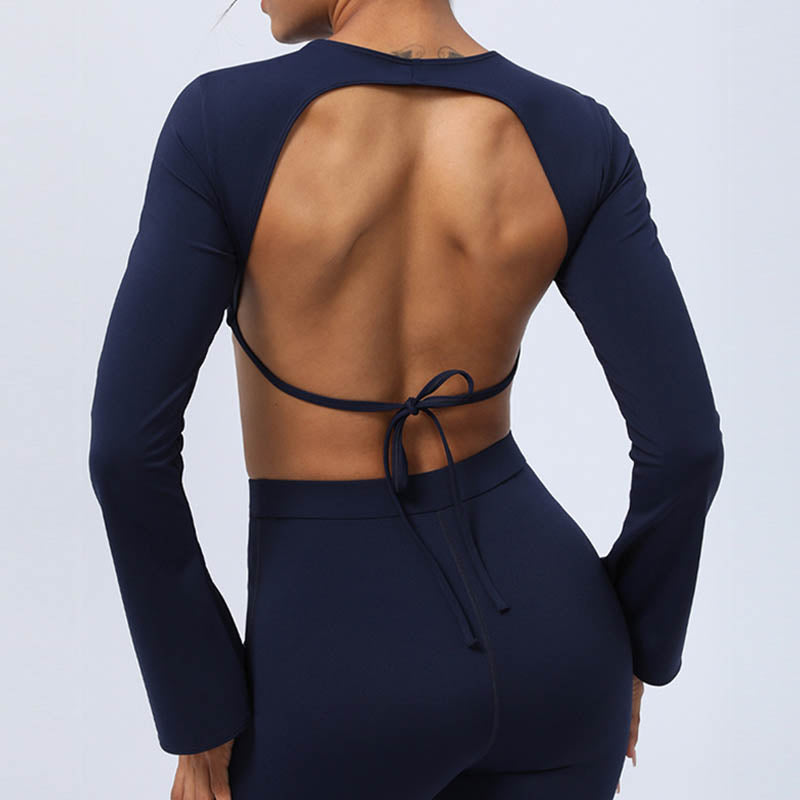 Long Sleeve Backless Strap Top Bra Flare Pants Fitness Yoga Outfit