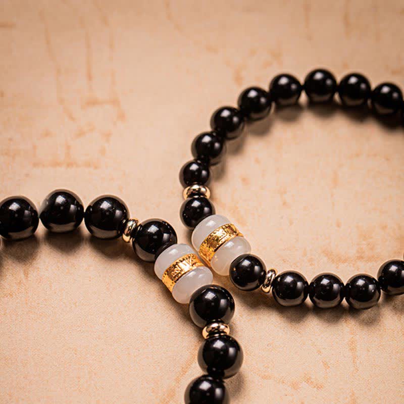 Magnetic Black Obsidian and Jade Om Mani Padme Hum Mantra Gold Plated Couple Bracelet