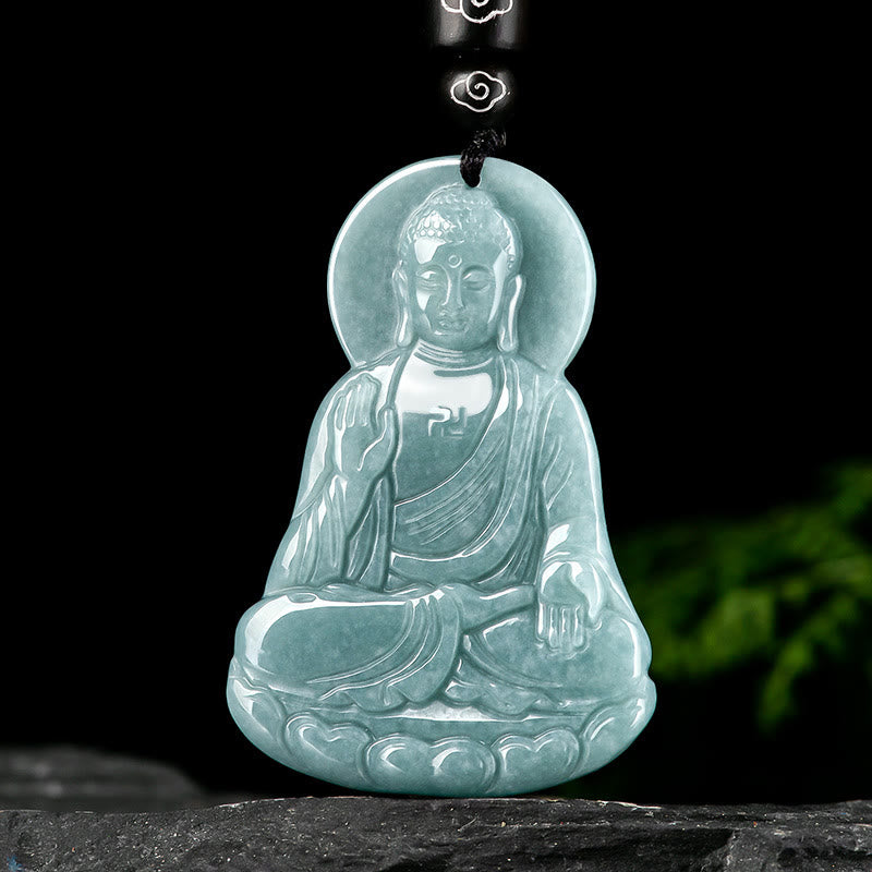 Amitabha Buddha Natural Jade Lotus Amulet Compassion String Necklace Pendant