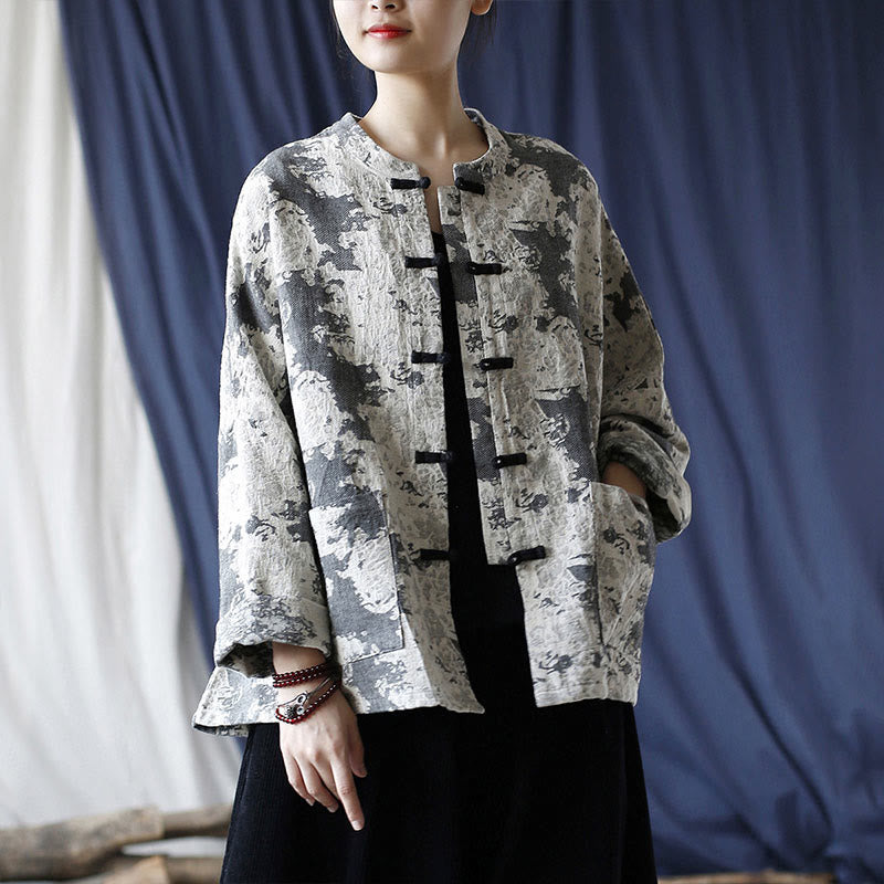 Black Gray Print Frog-button Design Long Sleeve Cotton Linen Jacket Shirt With Pockets