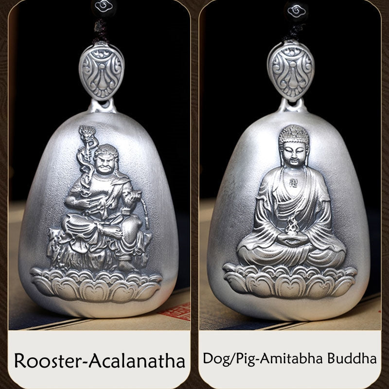 999 Sterling Silver Chinese Zodiac Natal Buddha Heart Sutra Engraved Protection Necklace Pendant