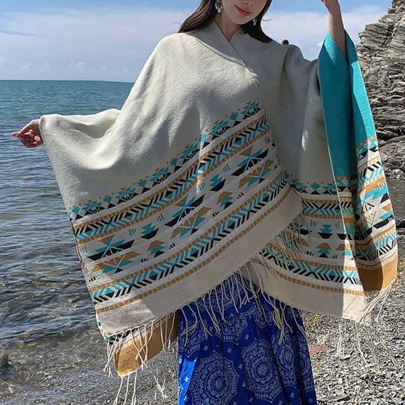 Tibetan Shawl Colorful Geometry Winter Cozy Travel Scarf Wrap