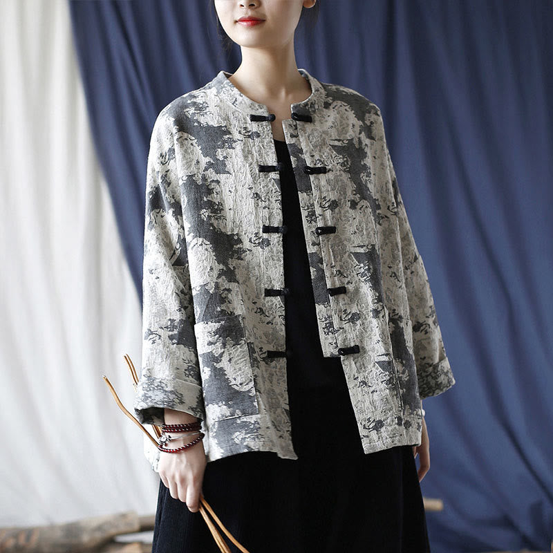 Black Gray Print Frog-button Design Long Sleeve Cotton Linen Jacket Shirt With Pockets