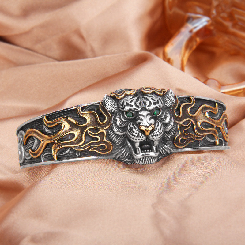 925 Sterling Silver Chinese Zodiac Tiger Adjustable Bangle Bracelet
