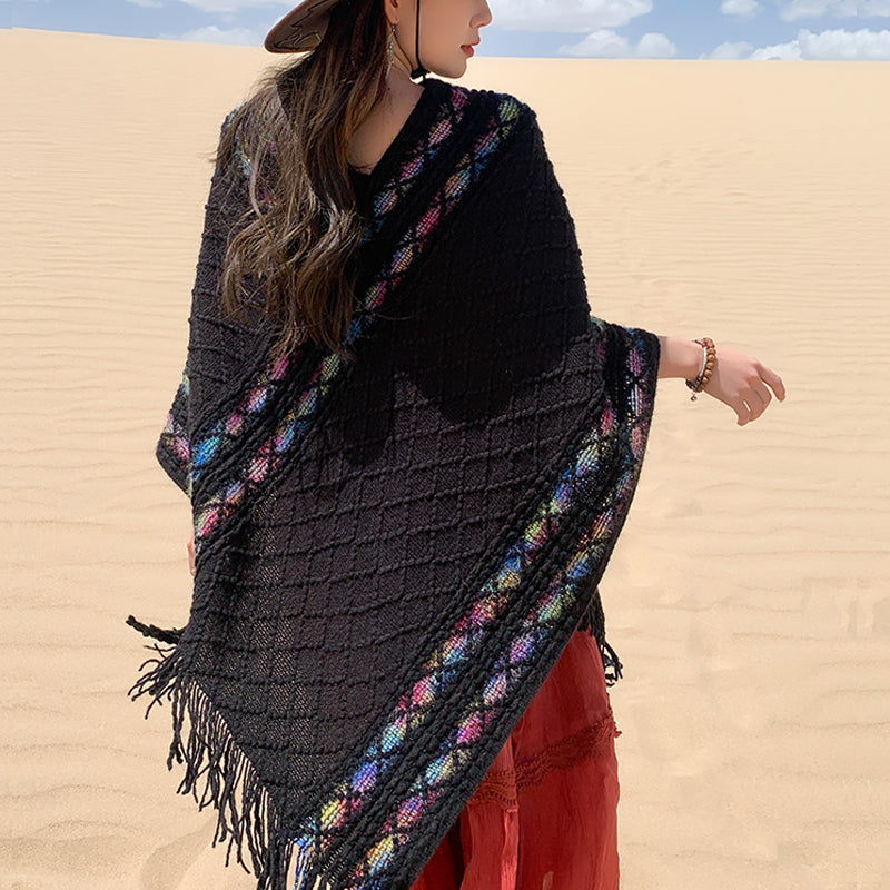 Tactile Knit Geometric Tassel Meditation Shawl Pullover
