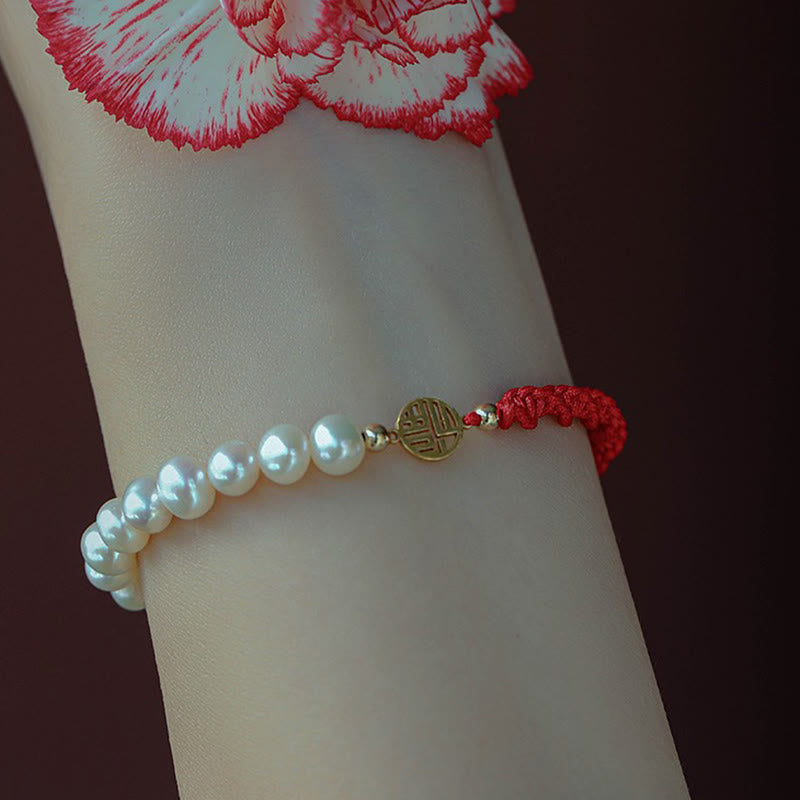 14K Gold Plated Pearl and Prosperity Symbol Braided Red String Bracelet