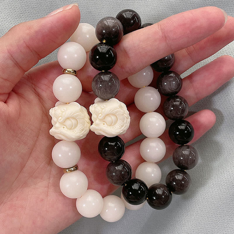 Silver Sheen Obsidian Bodhi Seed Ivory Fruit Dancing Lion Protection Bracelet